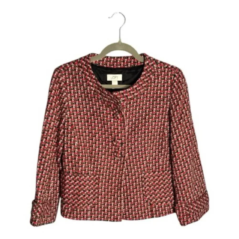 LOFT Red Black Plaid Tweed Button Front Blazer 6